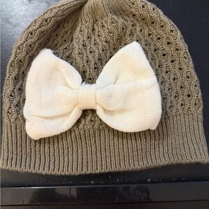 Kids Knitted Beanie with Bow - Cream and Brown